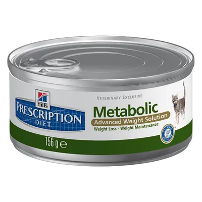 Hill's Prescription Diet Metabolic Advanced Weight Solution kattmatburk, 156 g. Text: Weight Loss – Weight Maintenance. Bild på katt och blått sigill synligt.