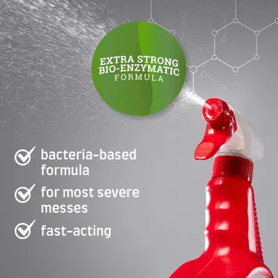 Sprayflaske med ekstra stærk bio-enzymatisk formel. Bakteriebaseret formel, til selv de sværeste pletter, virker hurtigt. Sprayflaske med ekstra stærk bio-enzymatisk formel. Bakteriebaseret formel, til selv de sværeste pletter, virker hurtigt.