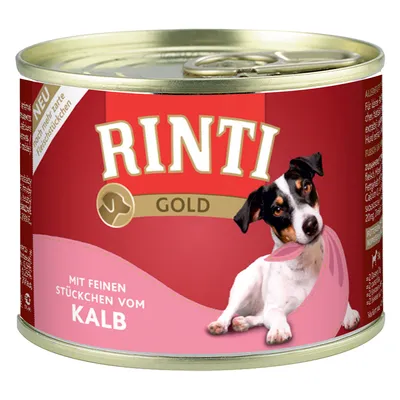 Rinti Gold burk med fina bitar av kalv, röd design, bild av en hund. Obs: Ny – extra möra köttbitar.