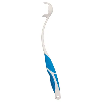 Flåthage med ergonomisk greb i blå og hvid, egnet til sikker fjernelse af flåter.