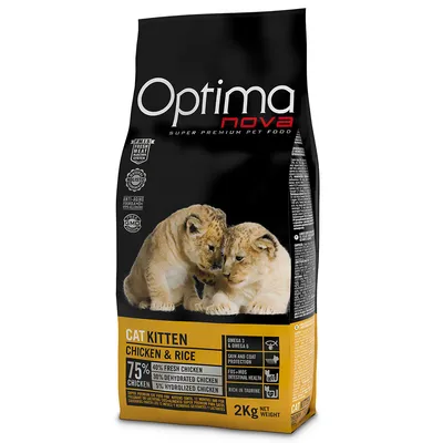 Optimanova Cat Kitten Chicken & Rice, 75 % poulet (40 % frais, 30 % déshydraté, 5 % hydrolysé), 2 kg, riche en taurine, oméga 3 et 6, protection peau et pelage, santé intestinale FOS-MOS.