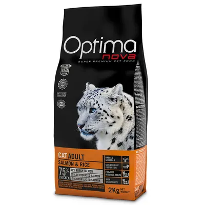 Optimanova Cat Adult Salmon & Rice, 2kg. 75% Lachs (40% frisch, 30% getrocknet, 5% hydrolysiert), Omega 3 & 6, Haut- und Fellschutz, hohe Verdaulichkeit.