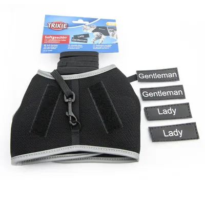 Trixie harnais souple avec étiquettes velcro 'Lady' et 'Gentleman', laisse incluse, pour chats. Couleur : noir avec accents gris.