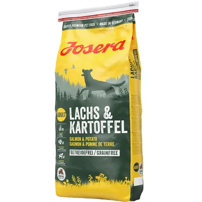 Josera Adult Łosoś i Ziemniak, bez zbóż, Super Premium Pet Food, Made in Germany. Opakowanie z żółtym i zielonym wzorem, odpowiednie dla dorosłych psów.