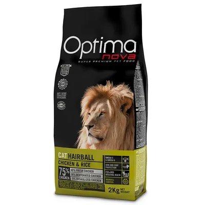 Optimanova Cat Hairball Chicken & Rice, 2kg. 75% Huhn: 40% frisch, 30% getrocknet, 5% hydrolysiert. Omega 3 & 6, Haut- und Fellschutz, Haarballenkontrolle.