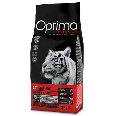 Optimanova Cat Mature Chicken & Rice, 2kg. 75% Huhn: 40% Frischfleisch, 30% getrocknetes Huhn, 5% hydrolysiertes Huhn. Omega 3 & 6, Haut- und Fellschutz, Darmgesundheit, Urinpflege.