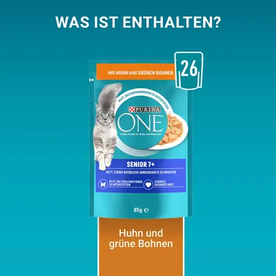 Sachet Purina ONE Senior 7+ 85g, texte visible : 'Mit Huhn und grünen Bohnen', 'Huhn und grüne Bohnen', informations en allemand sur les bienfaits, image de chat et croquettes.