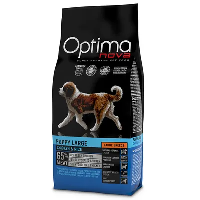 Optimanova Puppy Large Chicken & Rice hondenvoer, 65% vlees (35% vers kip, 25% gedehydrateerde kip, 5% gehydrolyseerde kip), voor grote rassen. Tekst: hypoallergeen, GMO-vrij.