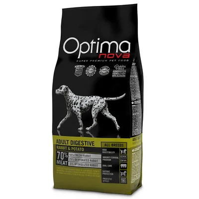 Optimanova Adult Digestive Rabbit & Potato, 70 % viande (40 % lapin frais, 25 % lapin déshydraté, 5 % lapin hydrolysé), pour chiens adultes toutes races. Sans céréales.
