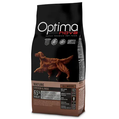 Optimanova Mature Chicken & Rice hondenvoer, 65% vlees (35% vers, 25% gedehydrateerd, 5% gehydrolyseerd kip), geschikt voor alle rassen. Tekst: super premium pet food, free GMO, holistic.