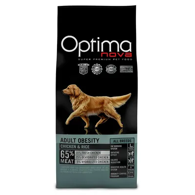 Optimanova Adult Obesity hondenvoer, kip & rijst, 65% vlees (35% verse kip, 25% gedehydreerde kip, 5% gehydrolyseerde kip), voor alle rassen. Tekst: super premium pet food.