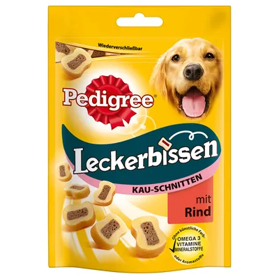 Ambalaj Pedigree Leckerbissen Kau-Schnitten mit Rind, imagine cu bucăți de snack și cap de câine, text vizibil: Omega 3, Vitamine, Mineralstoffe, fără arome artificiale.