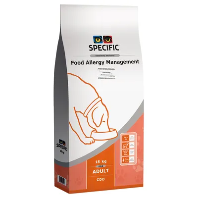 Корм для собак SPECIFIC Food Allergy Management, 15 кг, ADULT DOG CDD. Видна иллюстрация собаки и пиктограммы с основными свойствами.