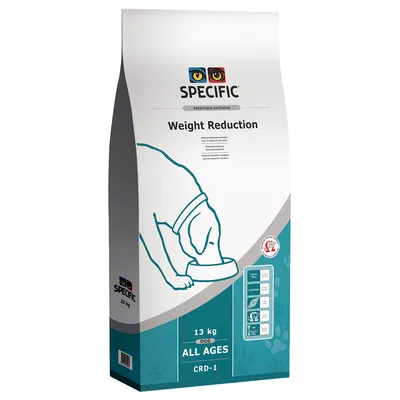 SPECIFIC Weight Reduction CRD-1, храна за кучета, 13 кг. Видимо: за всички възрасти, икони с информация, марка SPECIFIC, изображение на куче, текст на английски.