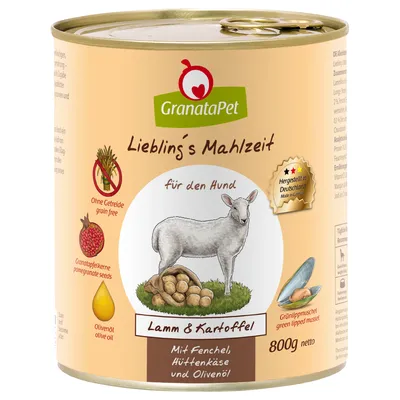 GranataPet Lieblings Mahlzeit dla psa, jagnięcina i ziemniaki z koprem włoskim, twarogiem i oliwą z oliwek. Bez zbóż, pestek granatu, oliwy z oliwek. Wyprodukowano w Niemczech. 800g netto.