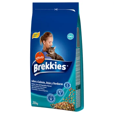 Упаковка корма для кошек Brekkies sabor a Salmón, Atún y Verduras, 20 кг. Видны значки: контроль веса, поддержка иммунитета, здоровье кожи и шерсти. affinity.
