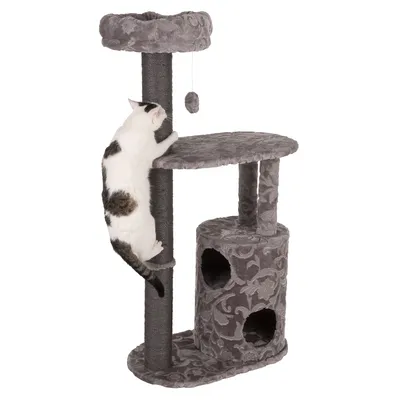 Arbre à chat gris avec griffoir, deux niches, plateformes et jouet suspendu. Un chat blanc et noir grimpe sur le poteau central recouvert de corde.