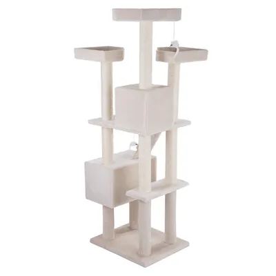 Tiragraffi beige a più livelli con colonne in sisal, tre piattaforme quadrate, due cubi e topolini gioco appesi. Struttura in tessuto e sisal visibile.