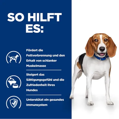 So hilft es: Fördert Fettverbrennung und schlanke Muskelmasse, steigert Sättigungsgefühl und Zufriedenheit des Hundes, unterstützt ein gesundes Immunsystem.