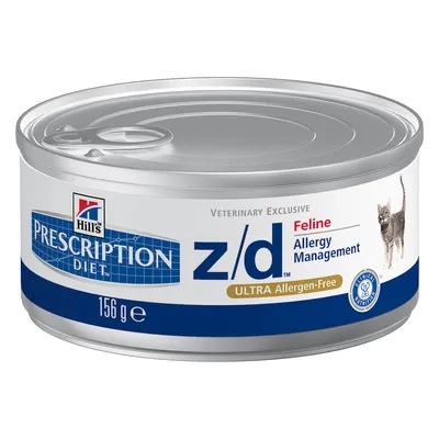 Hill's Prescription Diet z/d Feline Allergy Management, ULTRA Allergen-Free, 156 g. Bild på katt synlig på förpackningen.