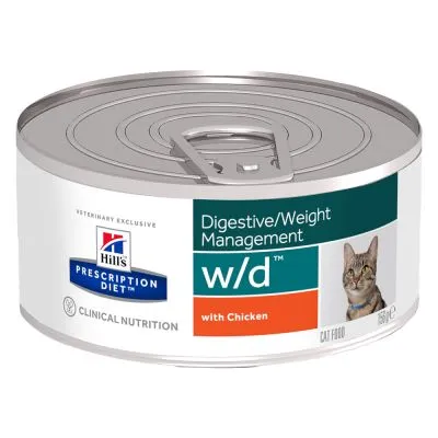 Hill's Prescription Diet w/d Digestive/Weight Management met kip, kattenvoer, 156g blik. Veterinary Exclusive Clinical Nutrition.