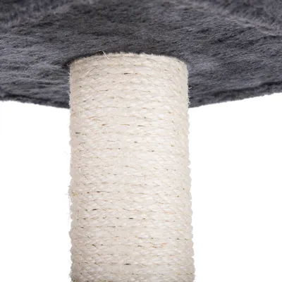 Krabpaal-zuil van wit sisal met grijs platform bovenop, geschikt voor nagelverzorging.