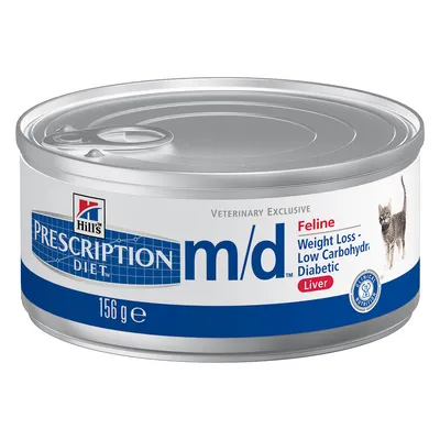 Hill's Prescription Diet m/d Feline, 156 g burk. Text: Weight Loss - Low Carbohydrate - Diabetic, Liver. Bild på katt. Märkt Veterinary Exclusive och Clinical Nutrition.