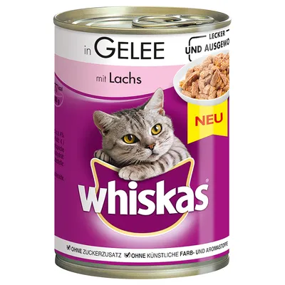 Whiskas in Gelee mit Lachs, puszka karmy dla kotów, napis NEU, bez dodatku cukru i sztucznych barwników oraz aromatów. Tekst częściowo w języku niemieckim.
