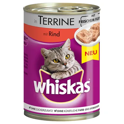 Whiskas in Terrine mit Rind -kissanruokasäilyke, 400 g. Etiketissä harmaa kissa, annosliha ja tekstit: NEU, ohne Zuckerzusatz, ohne künstliche Farb- und Aromastoffe.