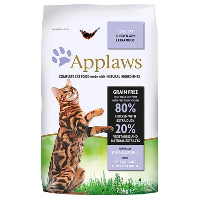 Applaws karma dla kotów dorosłych, kurczak z kaczką, bezzbożowa, 80% kurczaka i kaczki, 20% warzyw i ekstraktów naturalnych, opakowanie 7,5 kg