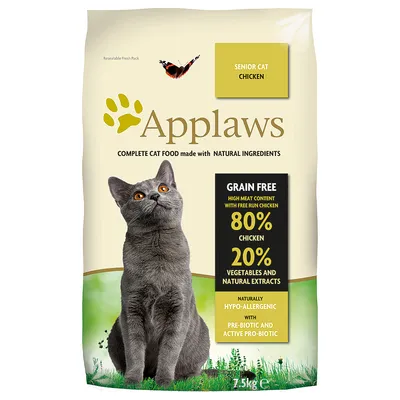 Applaws Senior Cat Chicken, bezzbożowa karma dla kotów starszych, 80% kurczaka, 20% warzyw i ekstraktów naturalnych, opakowanie 7,5 kg. Widoczny napis: hypo-allergenic.