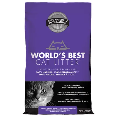 WORLD'S BEST CAT LITTER kattsand, 100 % natural, 110 % performance, quick clumping, outstanding odour control, 99 % dust-free, lavendeldoft, vikt 6,35 kg. Text på engelska och franska.