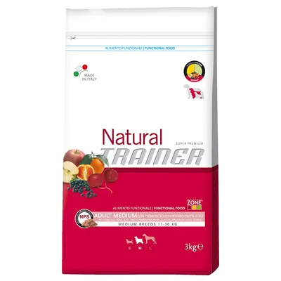Sac Natural Trainer Adult Medium, aliments fonctionnels pour chiens de taille moyenne 11–30 kg, 3 kg. Texte visible : Made in Italy, fruits illustrés sur l’emballage.
