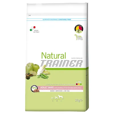 Sac de croquettes Natural Trainer Adult Maxi pour chiens de plus de 30 kg, 3 kg. Texte visible : Made in Italy, aliment fonctionnel, super premium, NPS, avec jambon cru, riz, gelée royale.