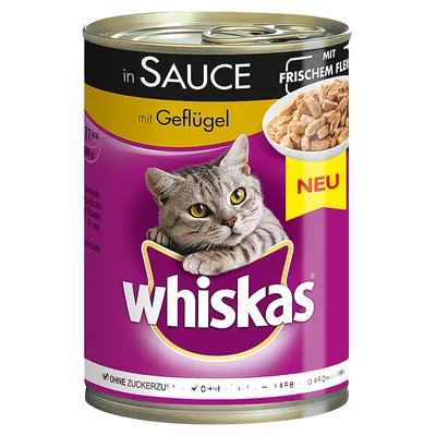 Puszka Whiskas in Sauce mit Geflügel, z widocznym zdjęciem kota i kawałków mięsa w sosie. Teksty: NEU, MIT FRISCHEM FLEISCH, OHNE ZUCKERZUSATZ.