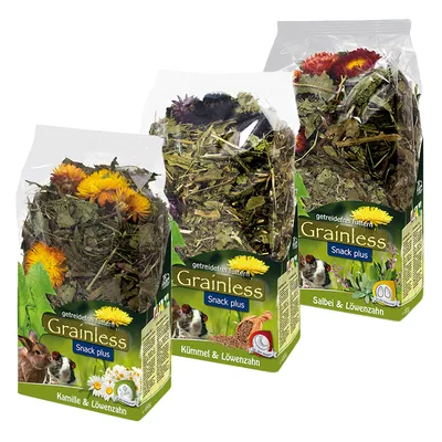 Grainless Snack plus, getreidefrei. Sorten: Kamille & Löwenzahn, Kümmel & Löwenzahn, Salbei & Löwenzahn. Verpackung mit Bildern von Kaninchen und Meerschweinchen.