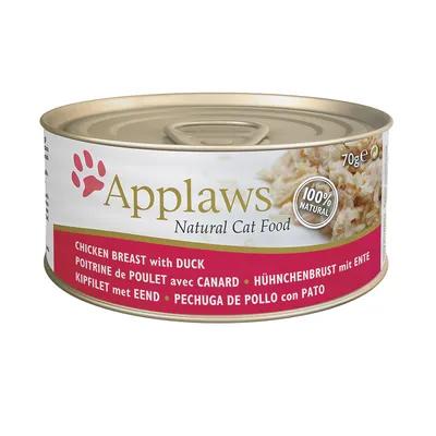 Applaws Natural Cat Food dåse 70 g, 100% natural. CHICKEN BREAST with DUCK. Tekst på flere sprog: POITRINE de POULET avec CANARD, HÜHNCHENBRUST mit ENTE, KIPFILET met EEND, PECHUGA de POLLO con PATO.