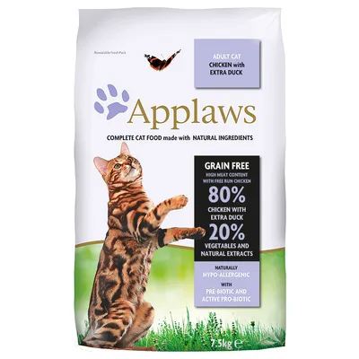 Applaws karma dla dorosłych kotów z kurczakiem i kaczką, bez zbóż, 80% mięsa, 20% warzyw i naturalnych ekstraktów, hipoalergiczna, opakowanie 7,5 kg.