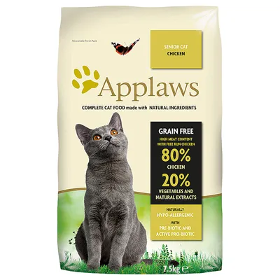 Applaws Senior Cat Chicken, senza cereali, 80% pollo, 20% verdure ed estratti naturali, ipoallergenico con prebiotici e probiotici attivi. Confezione con gatto grigio su sfondo verde.