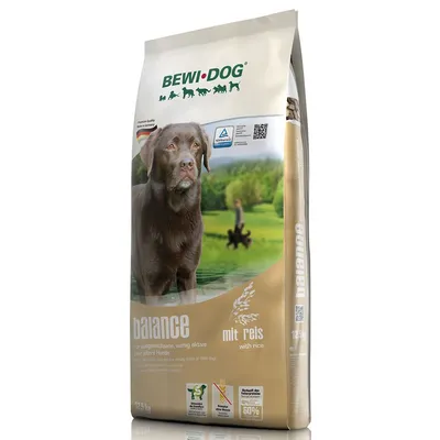 BEWI DOG balance mit reis with rice dry dog food, 12.5 kg bag, image of a brown dog on front, visible German quality seal and feeding icons on packaging.