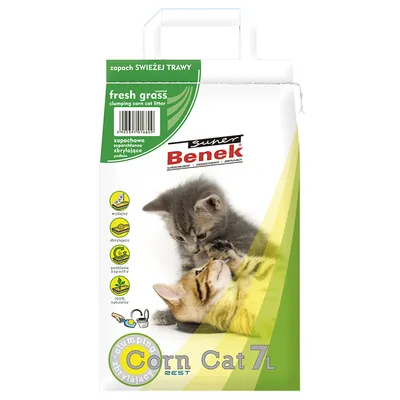 Super Benek Corn Cat 7L, fresh grass, zapach świeżej trawy, clumping corn cat litter, dvě koťata na obalu, piktogramy: vydajný, zbyrlający, pochłania zapachy, 100% naturalny.
