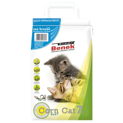 Super Benek Corn Cat 7 l, sea breeze, zapach MORSKIEJ BRYZY, clumping corn cat litter, obrázek dvou koček na obalu, piktogramy: vydajny, zbrylający, pochłania zapachy, 100% naturalny.
