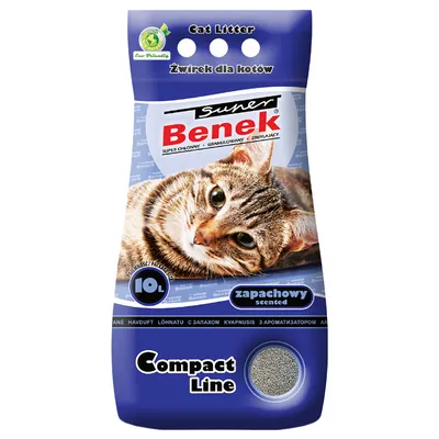 Lettiera per gatti Super Benek Compact Line, 10 L, profumata, immagine di un gatto sulla confezione. Testo visibile: Cat Litter, zapachowy scented.