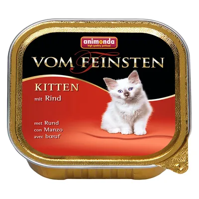 animonda Vom Feinsten Kitten met rund, afbeelding van een witte kitten op de verpakking. Tekst: mit Rind, met Rund, con Manzo, avec bœuf.