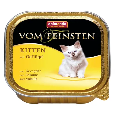animonda Vom Feinsten Kitten met gevogelte. Afbeelding van een kitten op de verpakking. Tekst in meerdere talen: mit Geflügel, con Pollame, avec volaille.