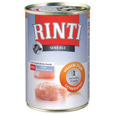 Rinti Sensible Huhn Pur natvoerblik, tekst: Für empfindliche Hunde, keine Kohlenhydrate, getreidefrei, nur 1 tierisches Protein. Afbeelding van kipfilet op het etiket.