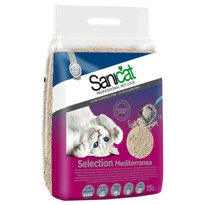 Sanicat Selection Mediterranea klumpbildande kattsand, naturlig bentonit, 15 liter. Text: Hyper Absorbent, High Odour Control, Strong Clumps, Long Lasting, 100% Natural.