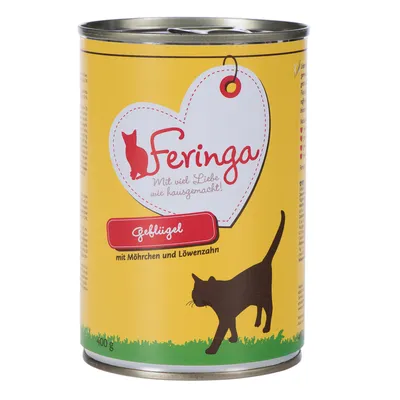Feringa macskaeledel konzerv, sárga doboz, felirat: Geflügel mit Möhrchen und Löwenzahn, 400 g. Szív alakú logó és fekete macska sziluett látható.