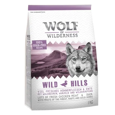 Опаковка Wolf of Wilderness Wild Hills, 100% grain-free recipe, lots of fresh chicken meat & duck, with fruits of the forest, roots and wild herbs, 1 кг