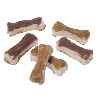 Lot de 6 friandises en forme d’os pour chien, extérieur marron et intérieur blanc, sans marque visible ni texte sur l’emballage.